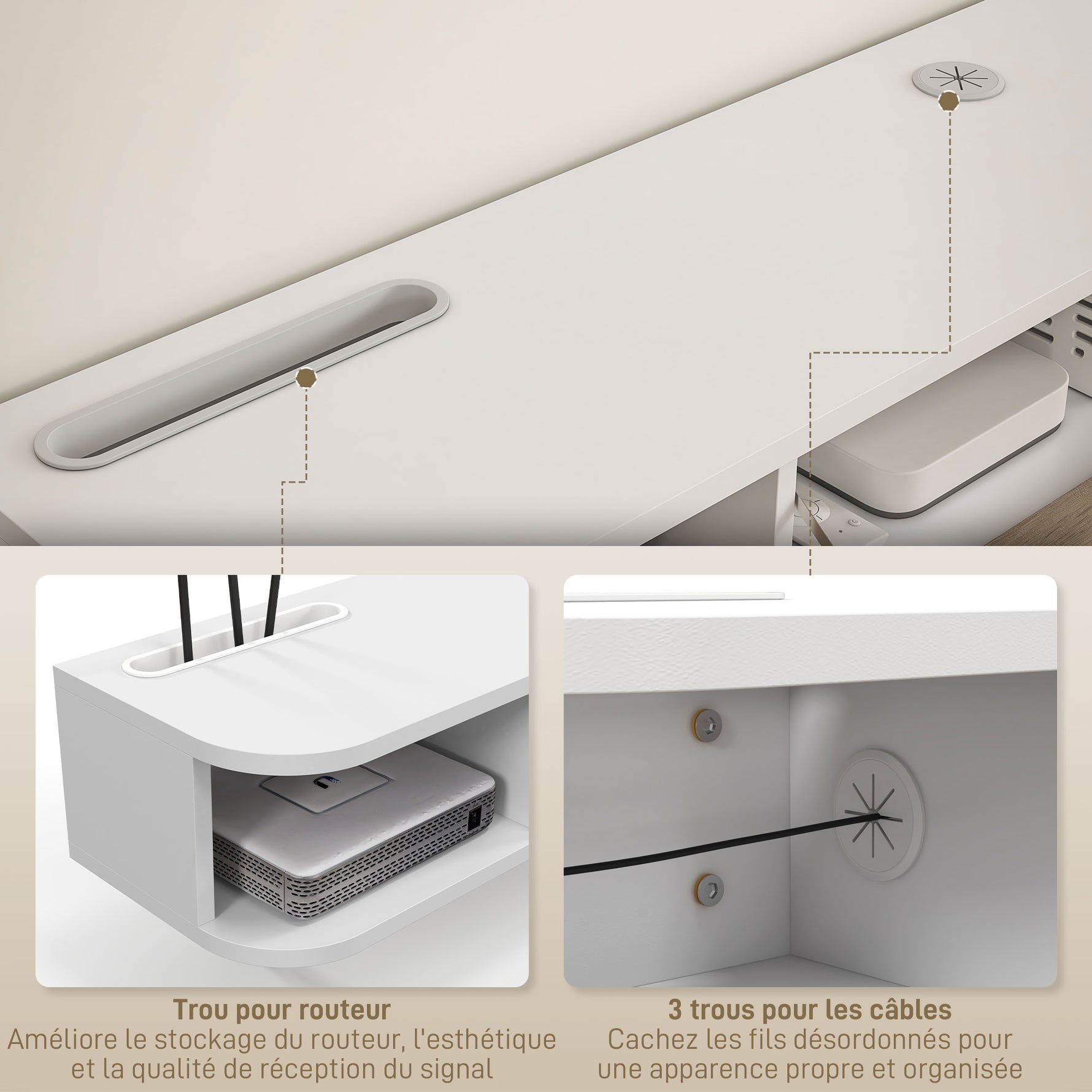 Meuble TV mural banc TV jusqu'à 50 pouces avec compartiments ouverts et armoire à porte rabattable blanc