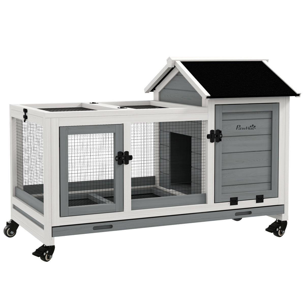 Clapier cage à lapins rongeurs sur roulettes 2 portes verrouillables - dim. 108L x 58l x 73,5H cm - bois massif