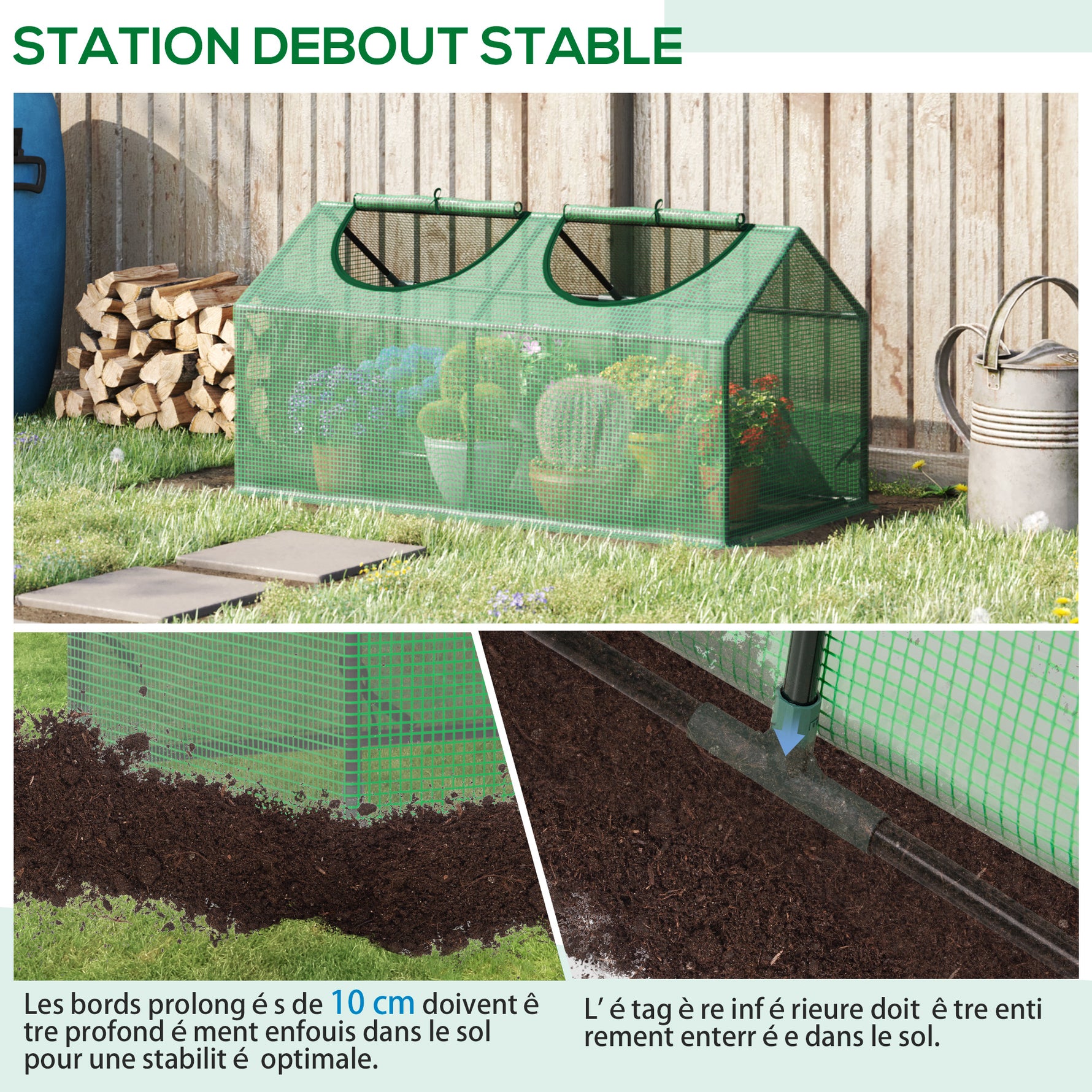 Serre de jardin mini serre 2 fenêtres enroulables couverture en PE haute densité 140 g/m² 120 x 60 x 60 cm vert foncé