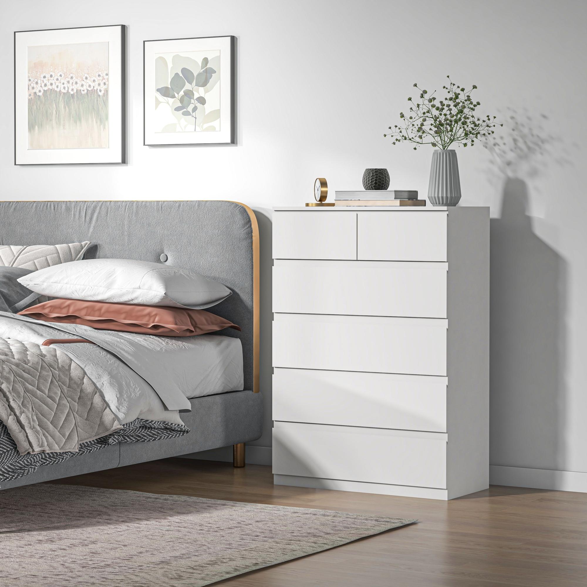 Kommode mit 6 Schubladen, Aufbewahrungsmöbel ohne Griffe, minimalistisches Design, 80 x 39 x 115 cm, weiß