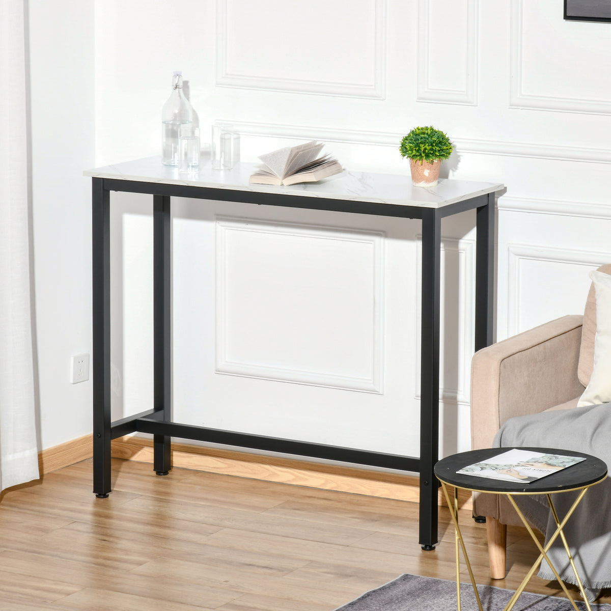 Table de Bar Table Haute de Cuisine Mange-debout - dim. 120L x 40l x 100H cm - châssis piètement Acier, Plateau Aspect marbre Blanc