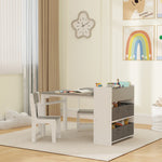 Conjunto de mesa y 2 sillas infantiles de madera con rollo de papel, estantes y cajones, para niño y niña de 3 a 8 años, gris