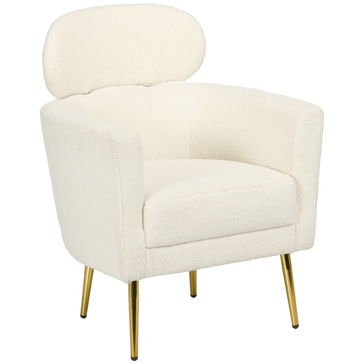Fauteuil salon avec appuie-tête amovible, fauteuil crapaud en peluche teddy, pieds en métal, 71 x 65 x 90 cm, crème