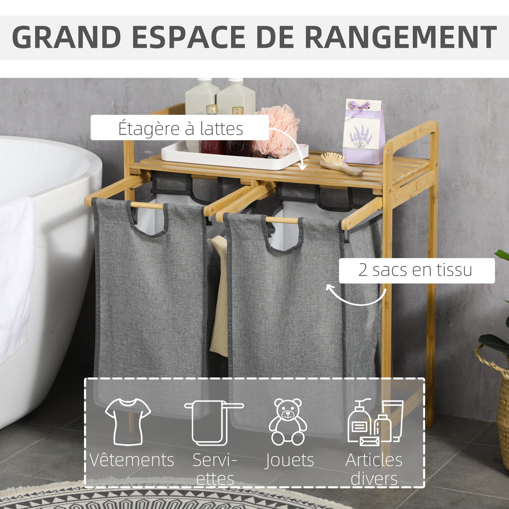 Panier à linge en bambou 2 paniers amovibles et coulissants en non-tissé 63,5 x 33 x 73 cm gris foncé