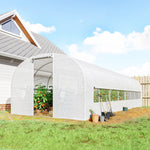 Serre tunnel de jardin 24m², serre de jardin tunnel avec cadre en acier galvanisé, portes et 2 grandes fenêtres, blanc
