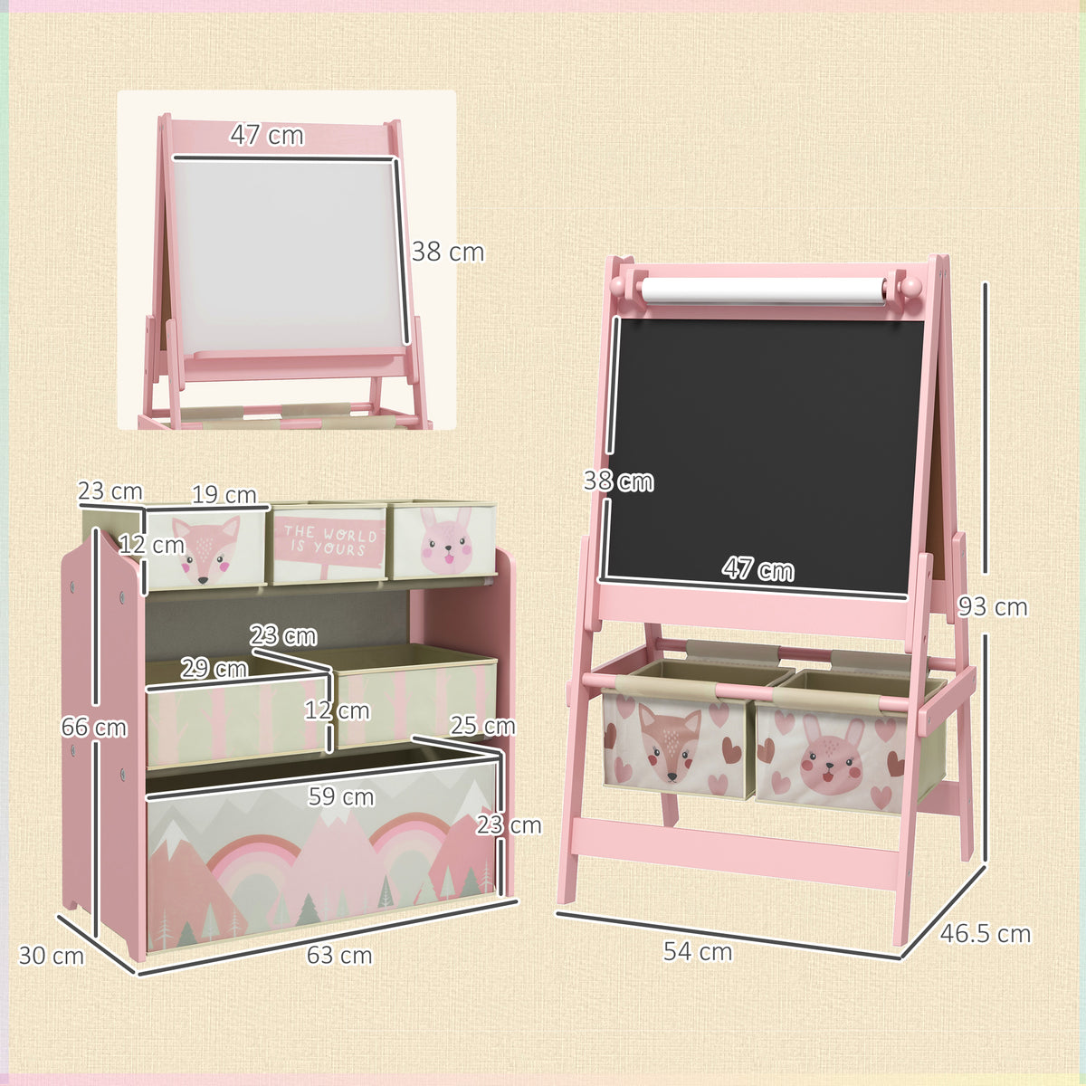 Doppelseitige Staffelei mit Papierrolle, 2 Körben + Spielzeugschrank mit 6 Aufbewahrungsboxen, 63 x 30 x 66 cm, rosa