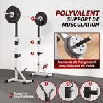 Verstelbaar Stalen Squat Rack, belastbaarheid 200 kg, houder voor 3 halterstangen met haken, 58,5x75,5x136-176 cm, zilver