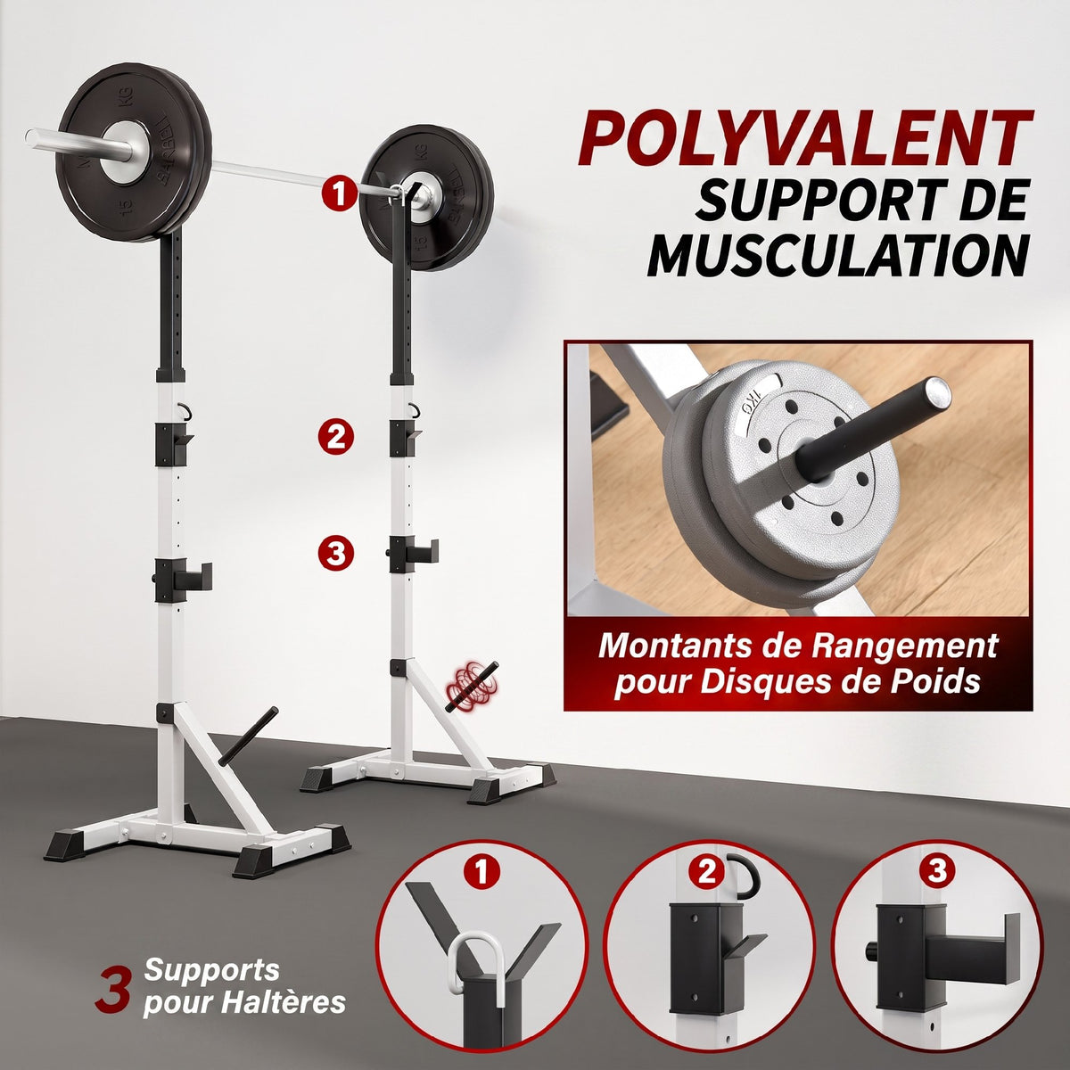 Verstelbaar Stalen Squat Rack, belastbaarheid 200 kg, houder voor 3 halterstangen met haken, 58,5x75,5x136-176 cm, zilver