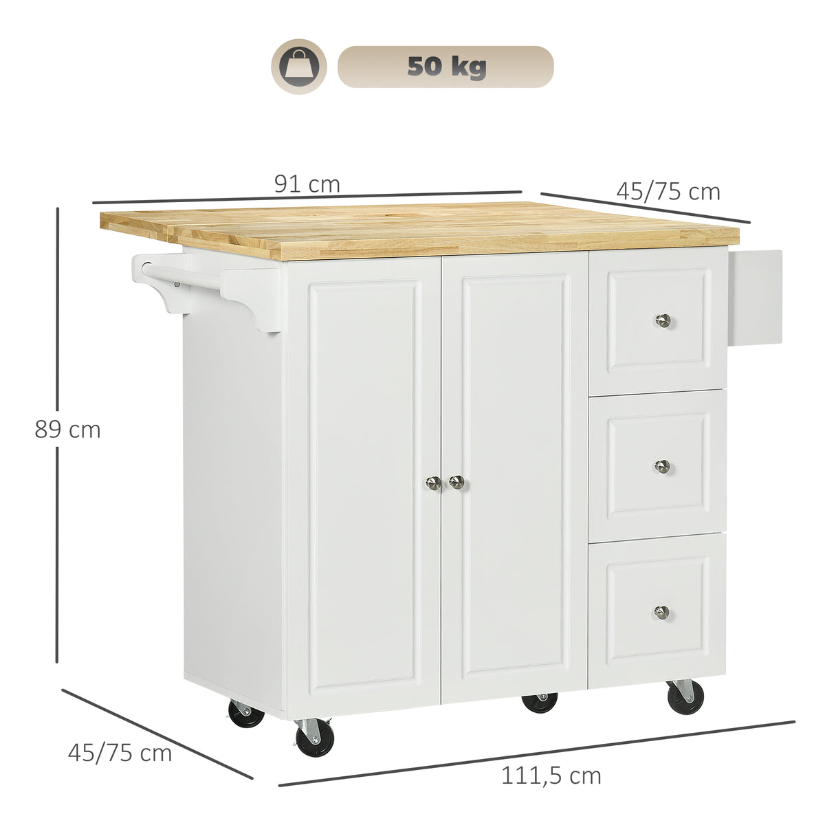 Desserte îlot de cuisineplateau rabattable 3 tiroirs 1 placard porte-torchons et porte-épices 111,5 x 75 x 89 cm blanc