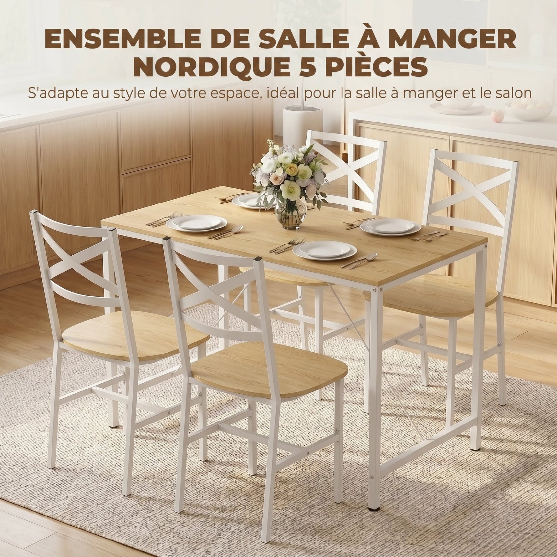 Ensemble Table Salle à Manger avec 4 Chaises, Table de Cuisine avec Chaises pour 4 Personnes, Bois Naturel et Blanc