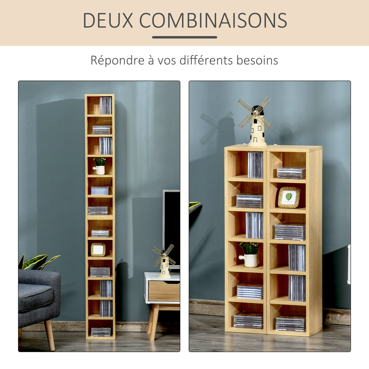 Lot de 2 étagères colonnes Armoire de Rangement CD-DVD 6 + 6 Compartiments dim. 21L x 19l x 88H cm capacité Max. 160 CD Naturel