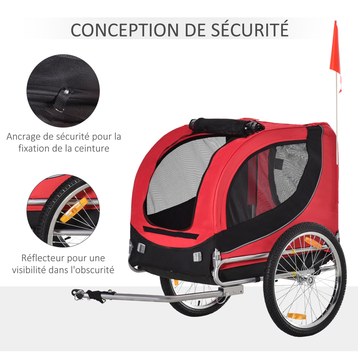 Remolque de bicicleta para perros y mascotas con 8 reflectores y bandera roja, negro