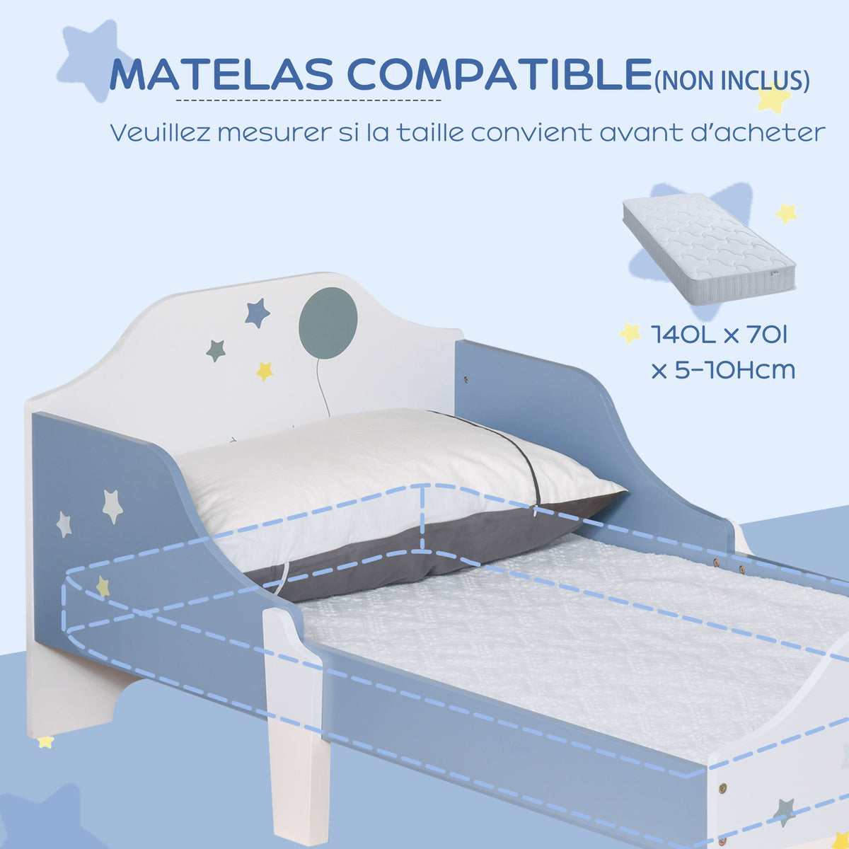 Lit pour enfants de 3 à 6 ans design étoiles sommier à lattes inclus chambre moderne 143 x 74 x 59 cm bleu blanc