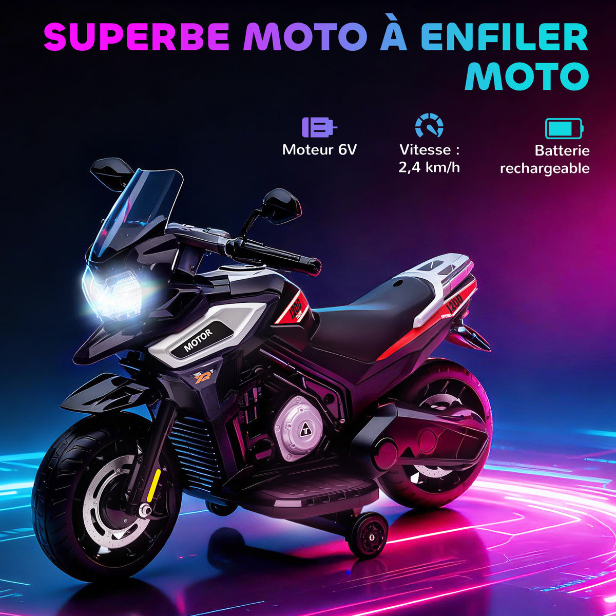 Elektromotorrad für Kinder 6 V, Elektroauto für Kinder mit Stützrädern, Musik, Lichteffekten, schwarz