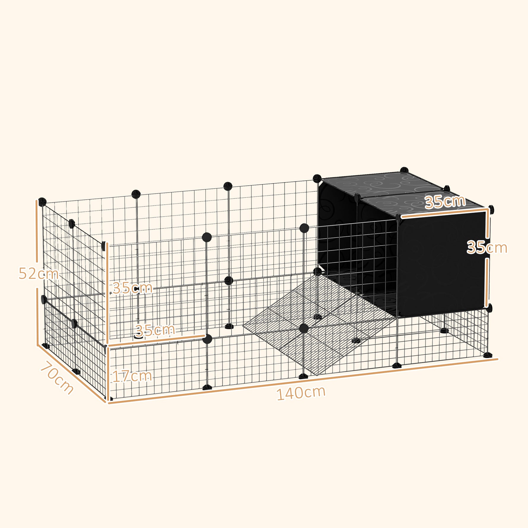Enclos pour petits animaux, cage à lapin modulable 31 panneaux avec niches surélevées, en acier, 140x70x52cm, noir