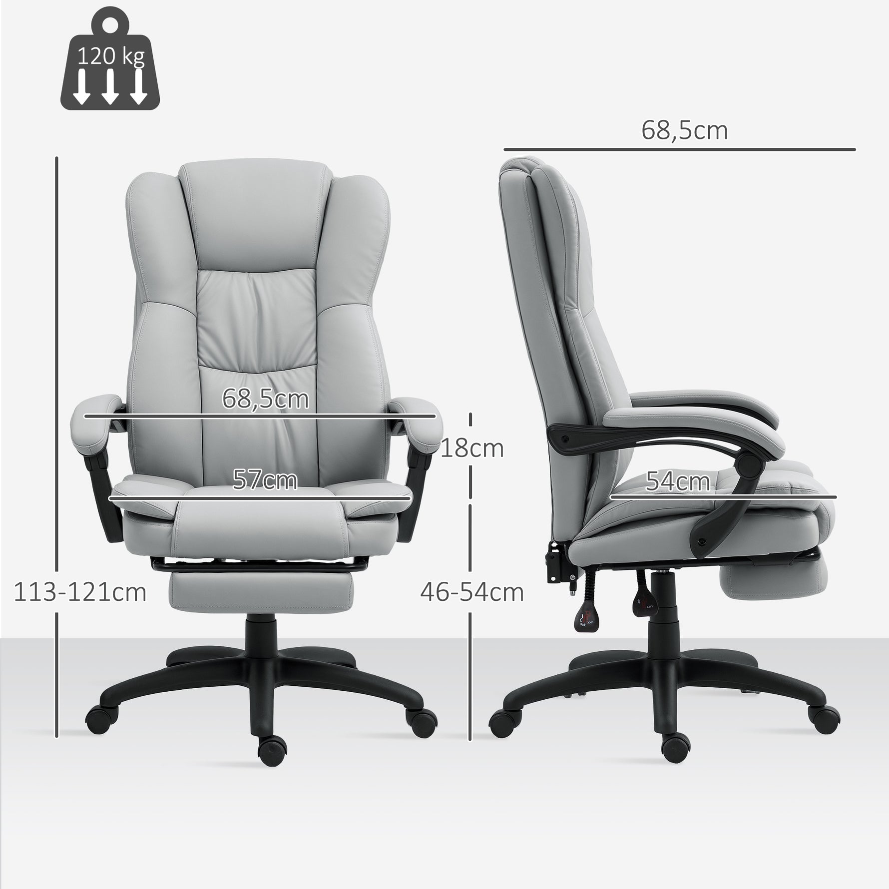 Fauteuil de bureau massant, chaise de bureau avec hauteur réglable, dossier inclinable et télécommande filaire, gris