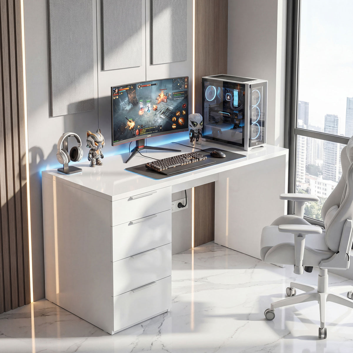Bureau d'ordinateur à haute brillance avec 4 tiroirs, 110 x 60 cm, bureau avec rangement, style moderne, blanc