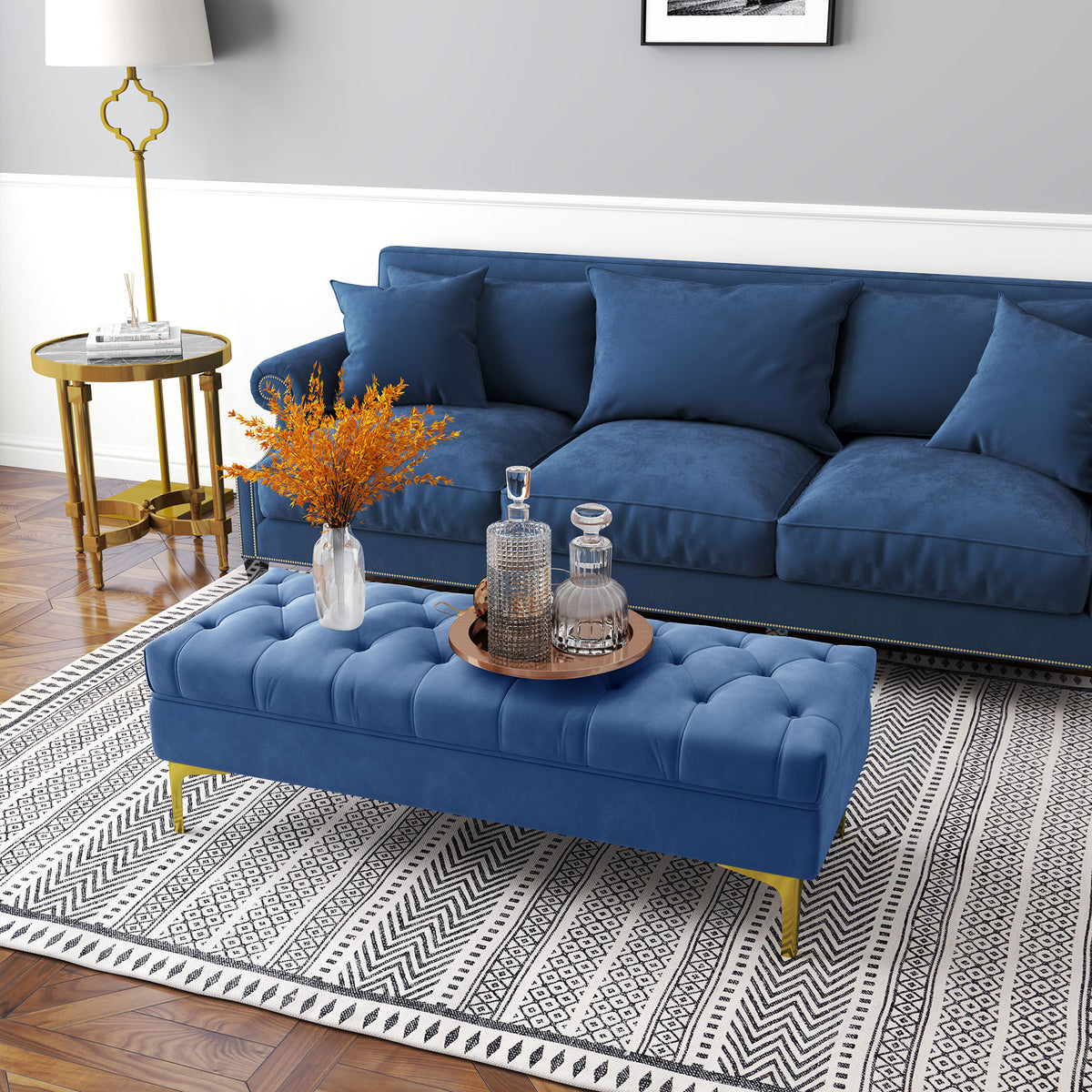 Panca imbottita capitonné fondo letto stile classico chic 118L x 45p x 42A cm gambe in metallo dorato velluto blu