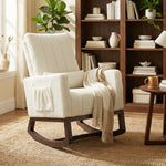 Fauteuil à bascule, rocking chair en flanelle neige rembourré, coussin lombaire, dossier haut, poches latérales, crème