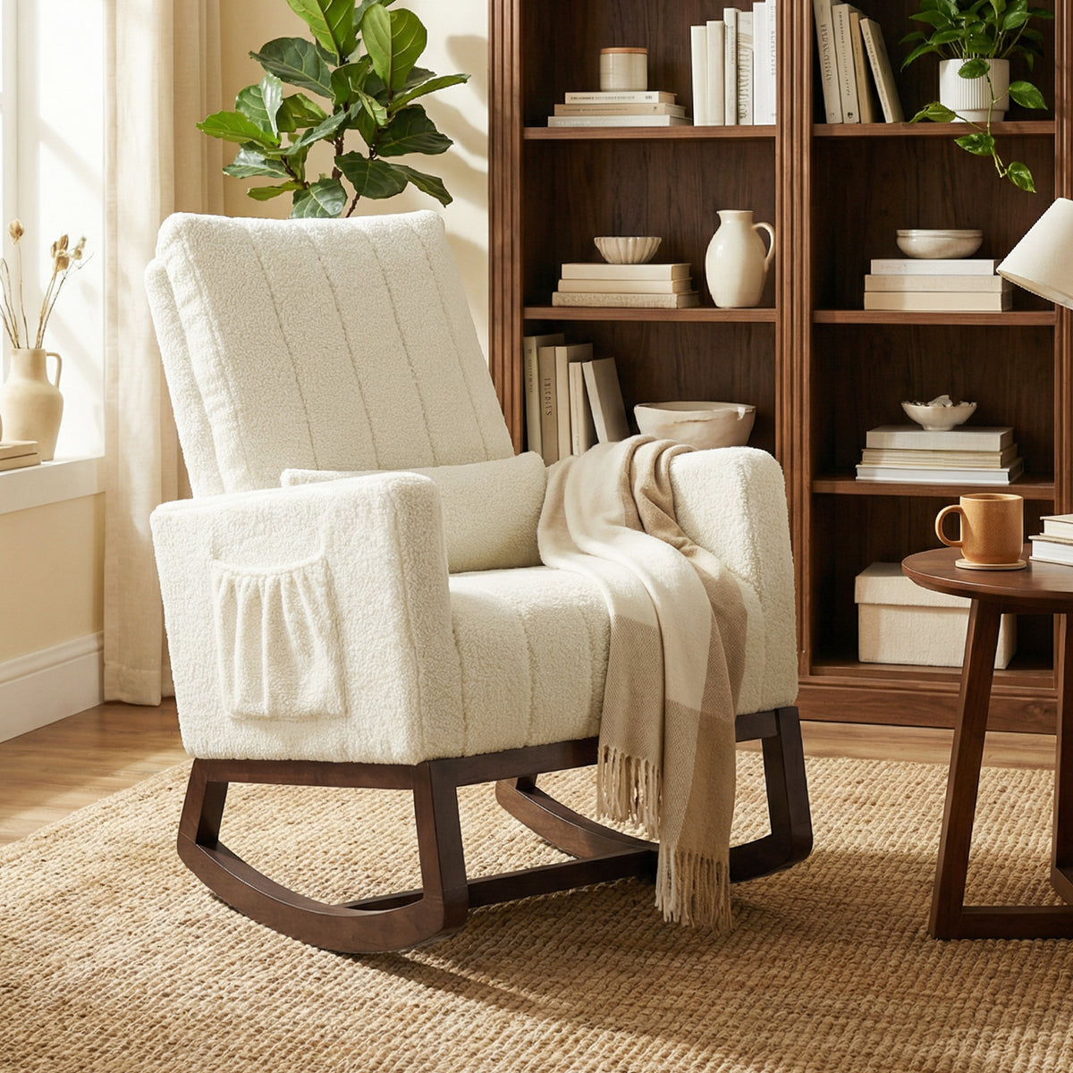 Fauteuil à bascule, rocking chair en flanelle neige rembourré, coussin lombaire, dossier haut, poches latérales, crème