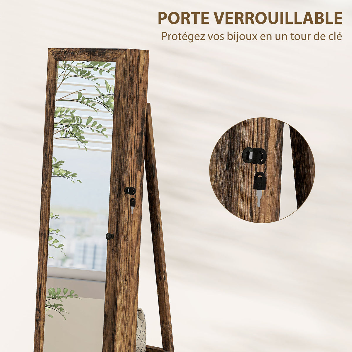 Lockable Swivel Jewelry Armoire with Mirror - Multi-Storage Jewelry Cabinet - Rustic Brown