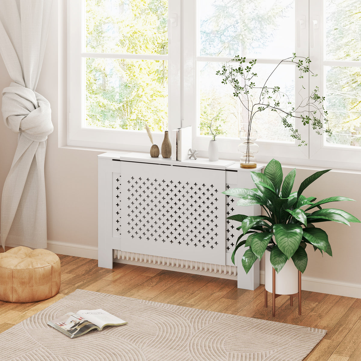 Verstelbare radiatorombouw modern design, uitschuifbare lengte 136-200 x 21,5 x 91,7 cm, wit