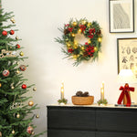 Beleuchteter Weihnachtskranz 60 cm mit 35 LEDs, Timer, 170 Zweigspitzen, Tannenzapfen, Beeren, Stechpalmenblättern, Grün
