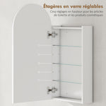 Armoire murale salle de bain avec miroir, meuble salle de bain sans cadre en arche et étagères en verre réglables, blanc