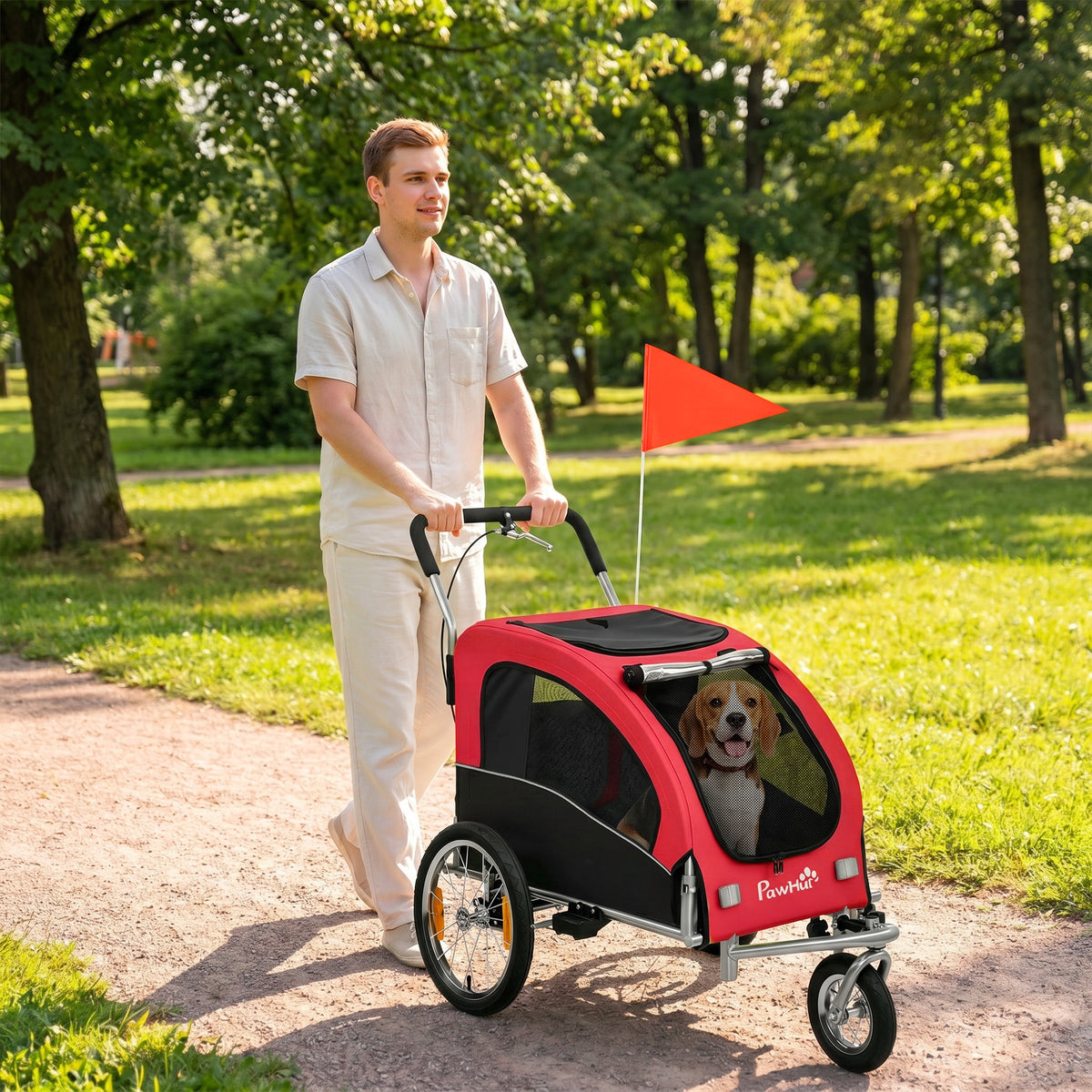 2-in-1 Dog Bike Trailer for Medium Dogs with Suspension, Quick-Release Tires, Reflectors, 160x71x101cm, Red