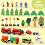 Set de Train en Bois pour Enfants, 100 Pièces, Jouets Ferroviaire Magnétique avec Grue, Pont, Hélicoptère, Multicolore