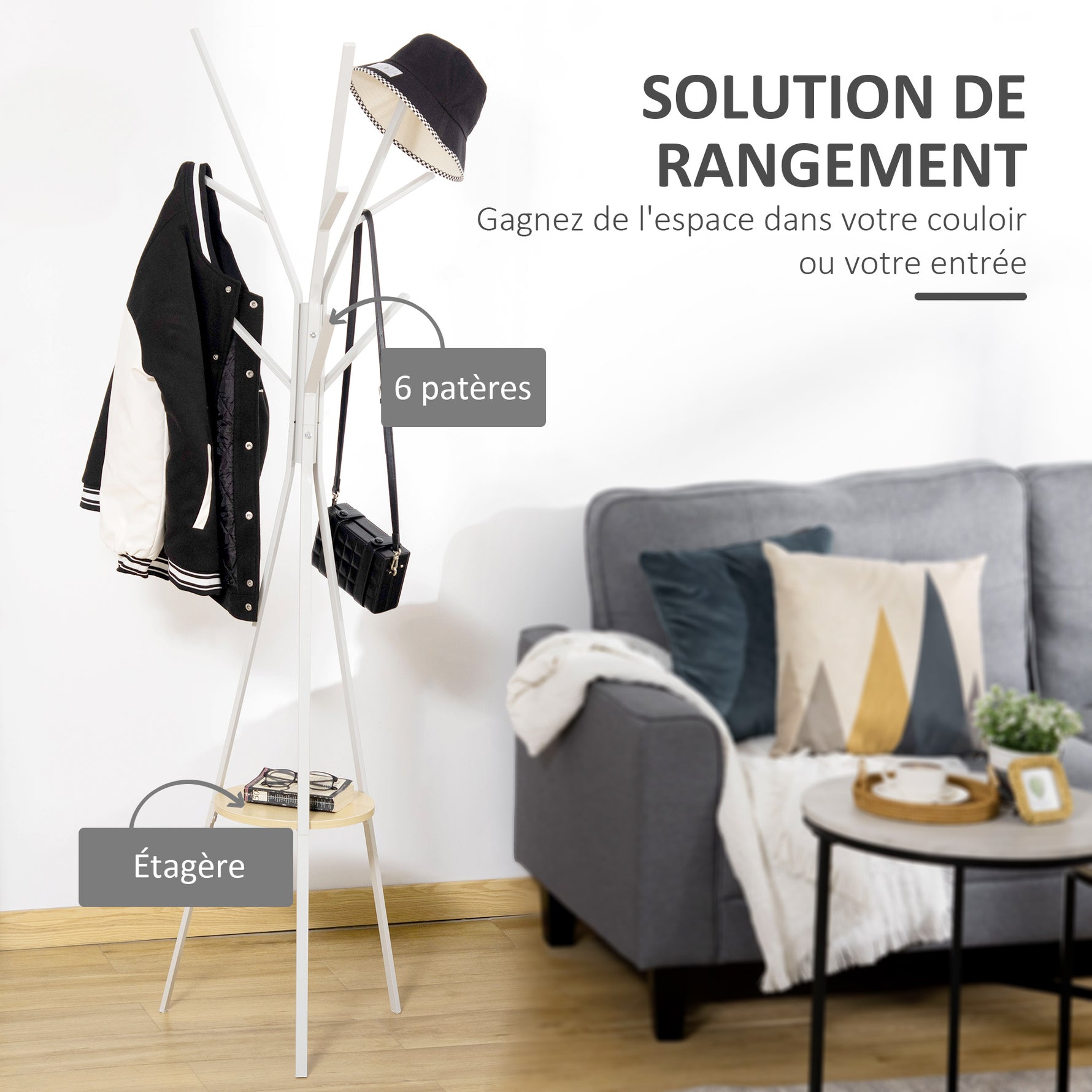 Porte-manteau trépied design contemporain branches étagère + 9 patères dim. 45L x 45l x 180H cm métal blanc