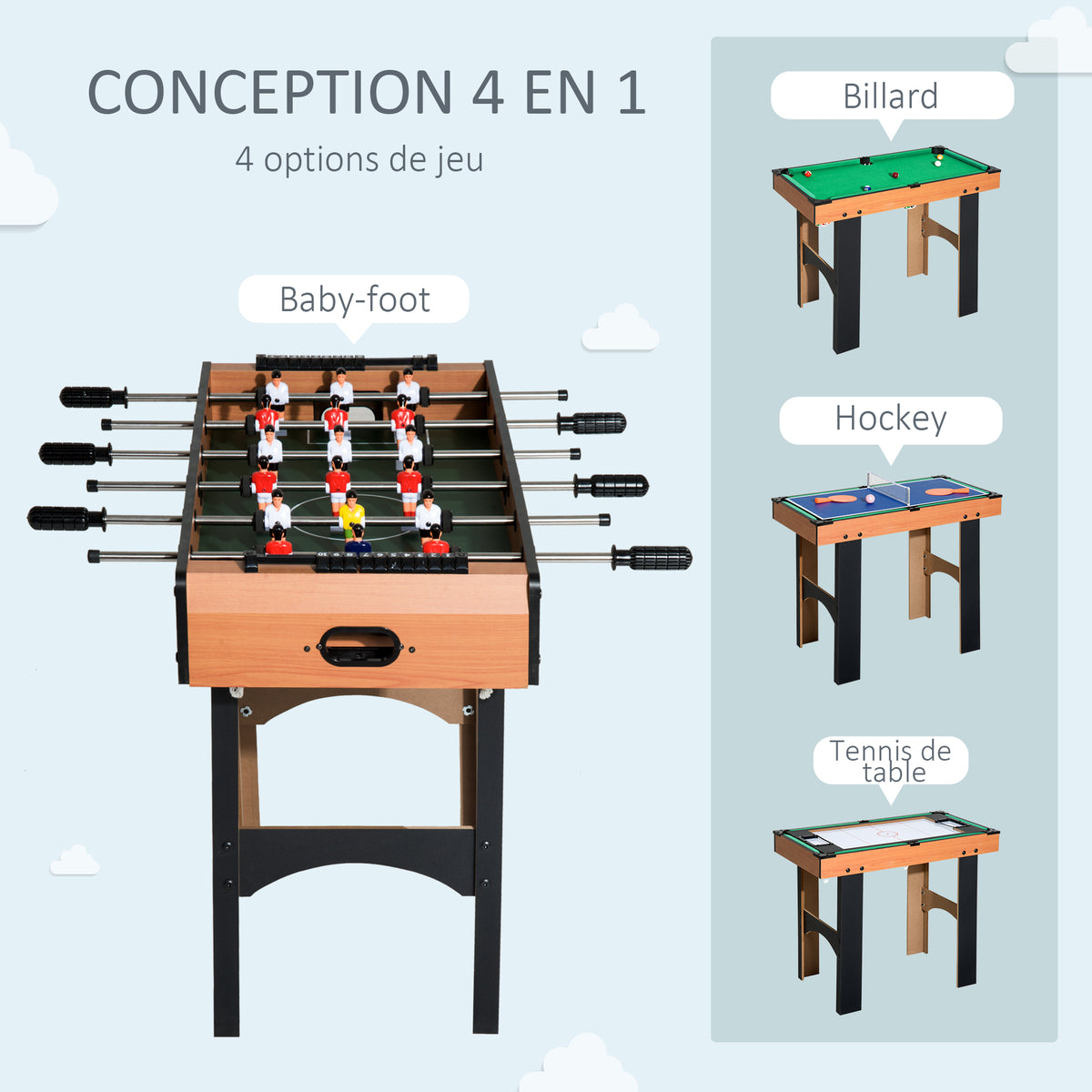 Mini Table multi jeux 4 en 1 babyfoot billard air hockey ping-pong avec accessoires en bois 92L x 78l x 80H cm