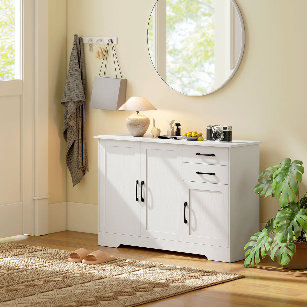Buffet, meuble de rangement avec 3 portes, 2 tiroirs et étagère réglable, 120 x 38 x 79 cm, blanc
