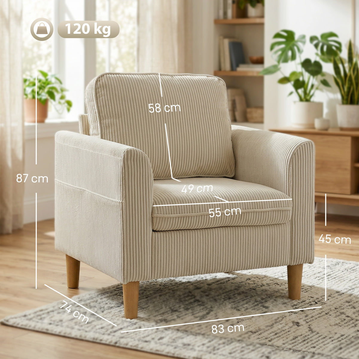 Fauteuil de salon en velours côtelé, canapé 1 place rembourré avec assise large et coussin à ressorts, 83x74x87cm, beige