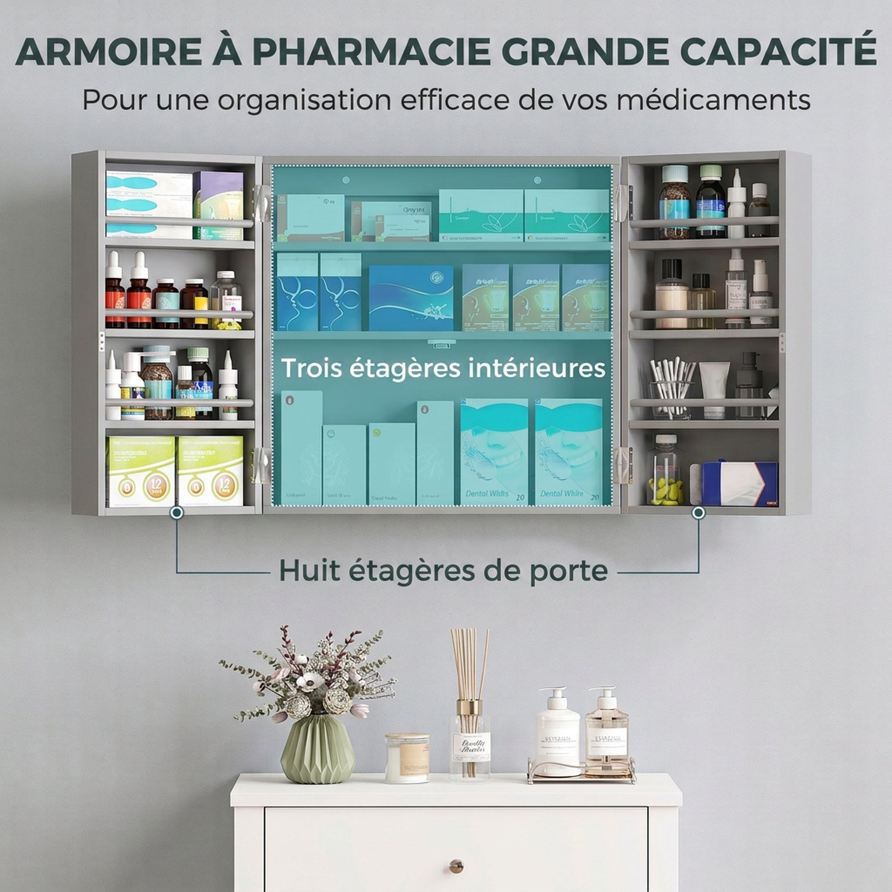 Armoire à pharmacie murale, armoire à médicaments avec double porte verrouillable 2 clés, 53x20x53cm, gris