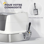 Bac à Litière Fermé en Inox, Couvercle Amovible, Entrée Frontale et Sortie Supérieure, Pelle, 52,4x41,3x39,8cm, Blanc