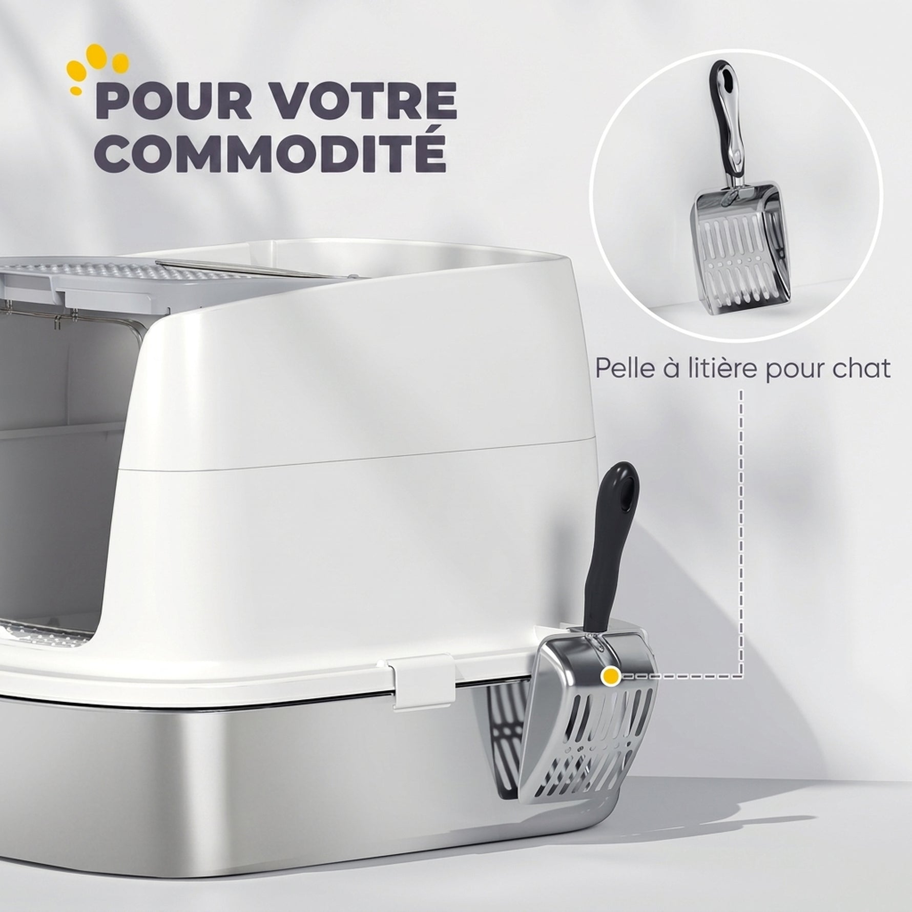 Bac à Litière Fermé en Inox, Couvercle Amovible, Entrée Frontale et Sortie Supérieure, Pelle, 52,4x41,3x39,8cm, Blanc