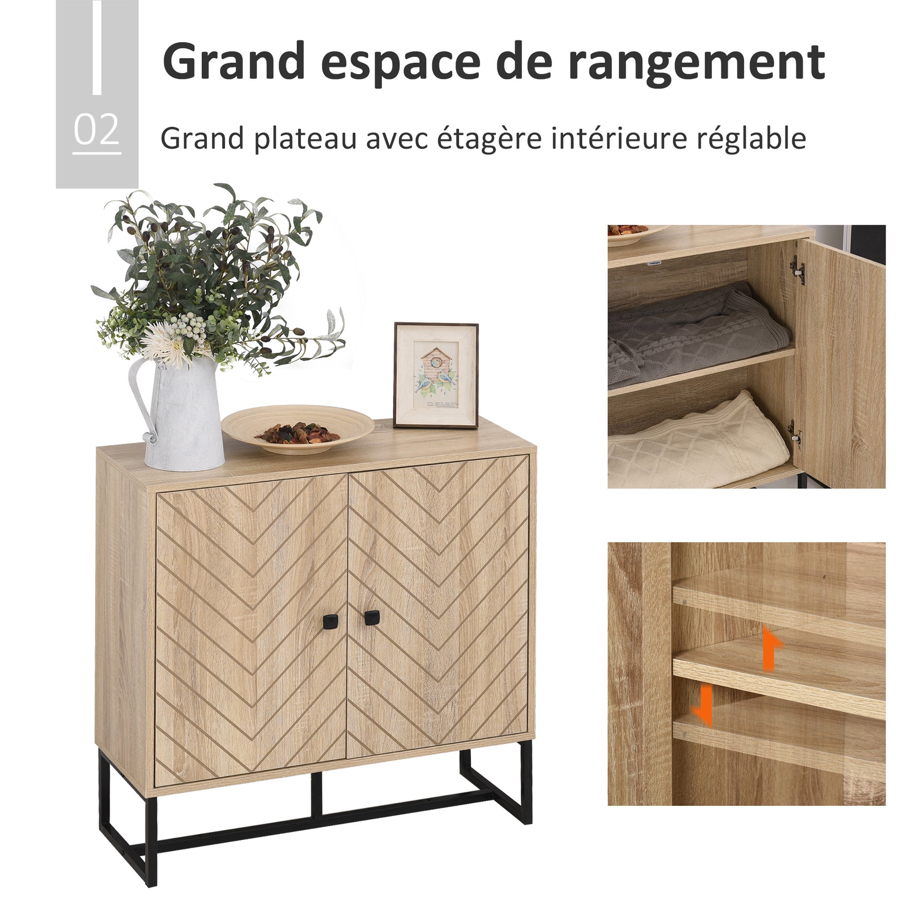Buffet salon meuble de rangement armoire de cuisine avec placard portes et étagère réglable, motif Chevron, pied métal, style moderne buffet salle à manger et salon, 108 x 40 x 80 cm, chêne-4