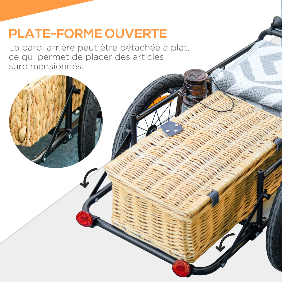 Remorque à vélo avec coffre de rangement amovible et pliable de 65L, réflecteurs de sécurité, charge max. 40KG, noir