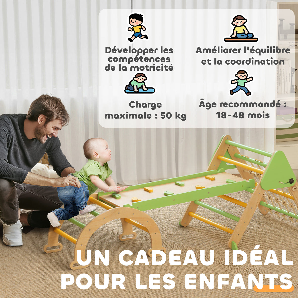 Triangle d'escalade enfants 8 en 1 avec rampe double face, arc d'escalade en bois avec toboggan & échelle, vert