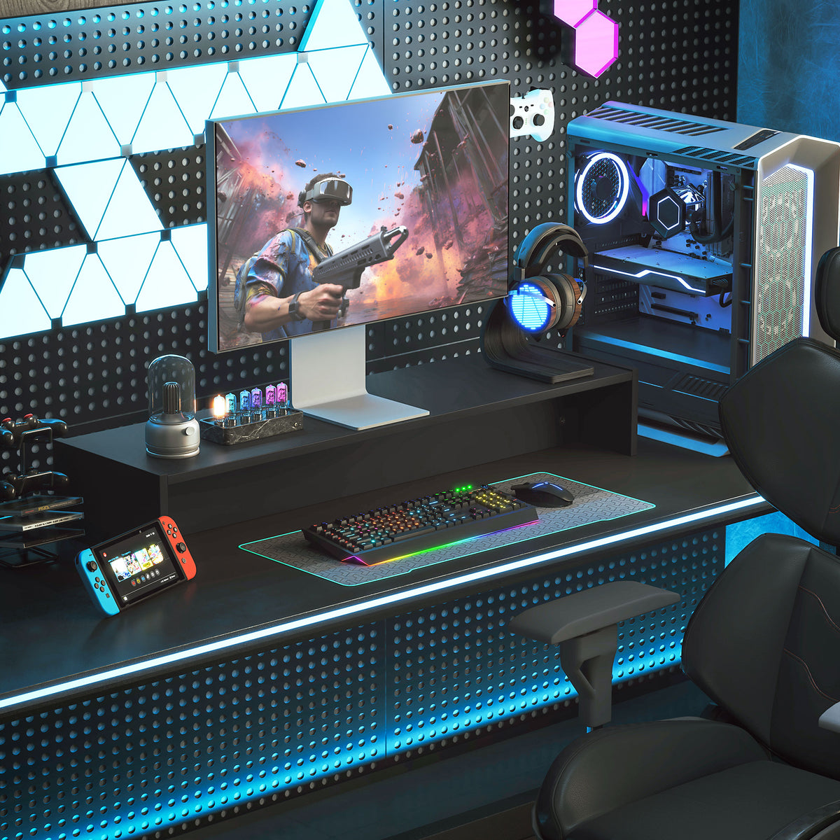 Rehausseur écran PC bureau support d'écran d'ordinateur de 100 cm support moniteur avec deux compartiments, noir