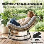 Fauteuil à bascule de jardin pour intérieur et extérieur, rocking chair en résine tressée avec coussin moelleux, gris