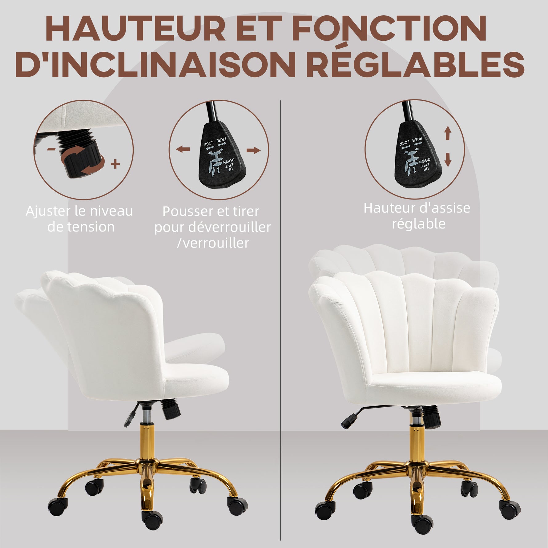 Chaise bureau en velours, chaise coiffeuse avec dossier en pétale, hauteur réglable, 69 x 64 x 80-90 cm, blanc