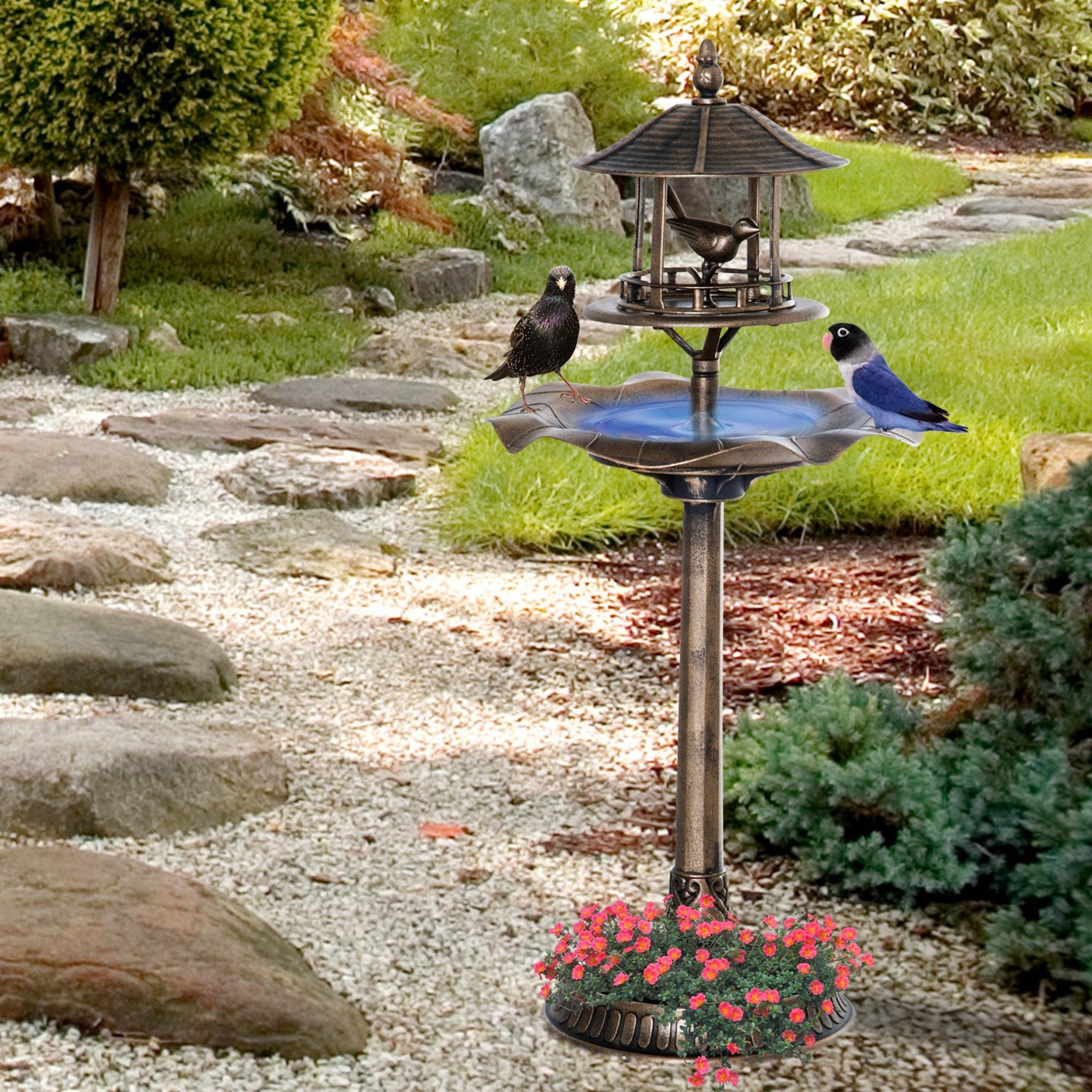 Bain d'oiseaux Abreuvoir pour Oiseaux jardinière 3 en 1 dim. Ø 50 x 113H cm polypropylène bronze antique