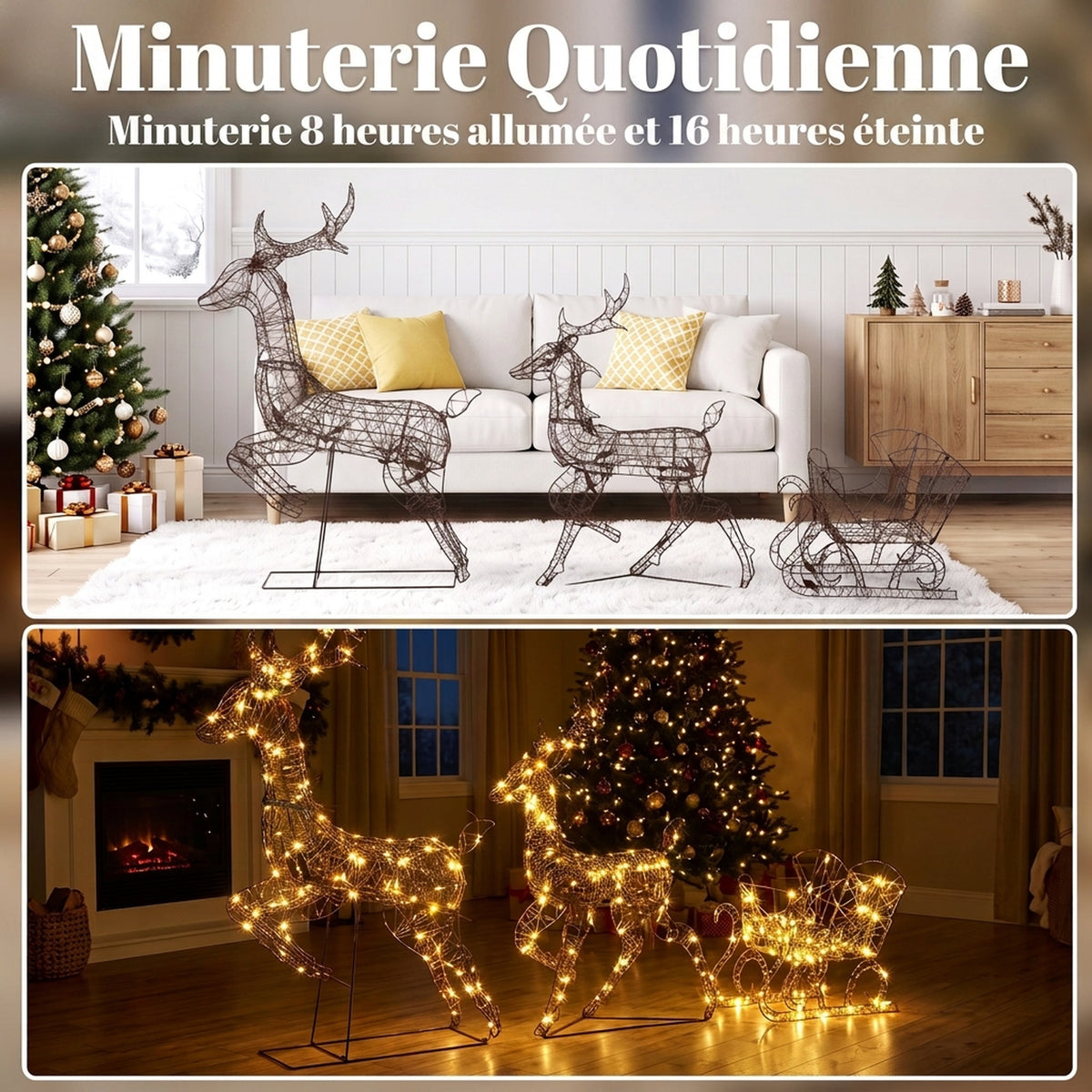 Set di 2 Renne di Natale con Slitta Luminosa 3 Pezzi, 240 LED Bianco Caldo, 8 Modalità e Timer, 78x22x105cm, Marrone