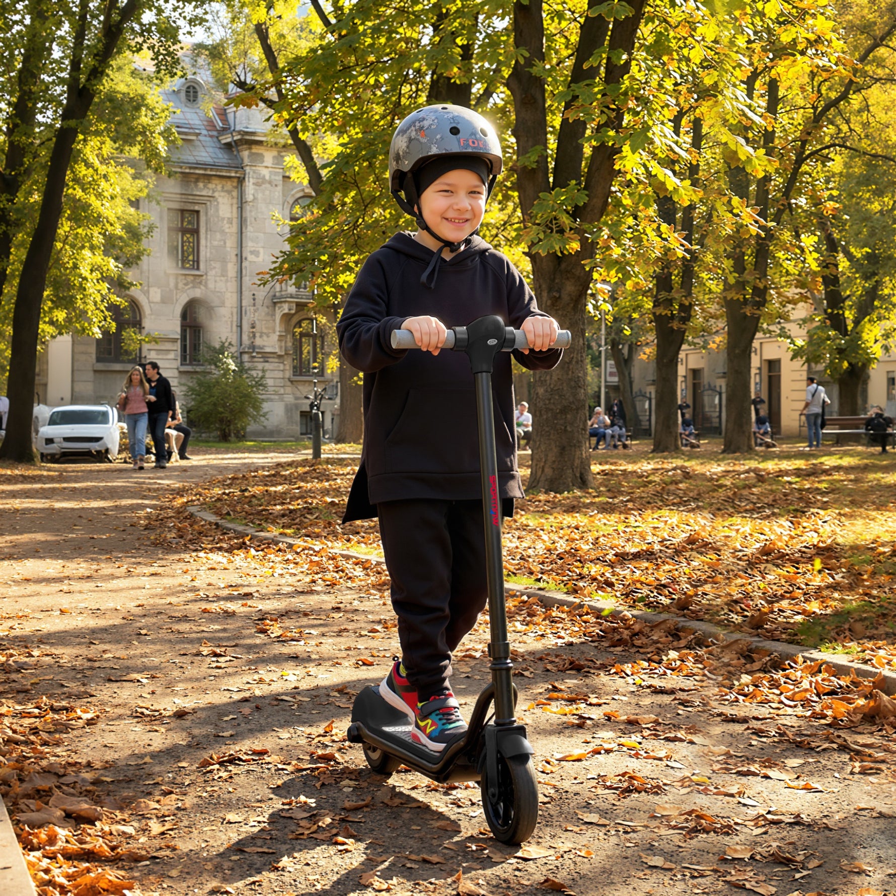 Trottinette électrique enfants 6-14 ans, écran LED, lumières RGB, pneus 6,5'', vitesse 10 km/h, démarrage au kick, noir
