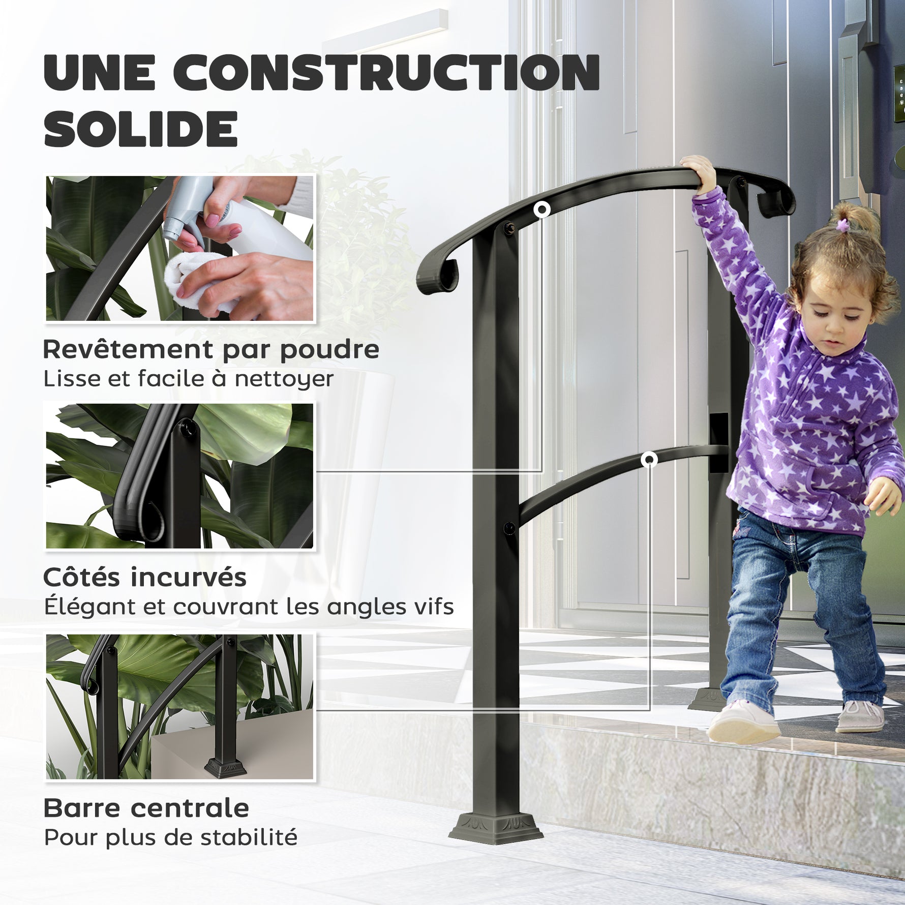 Rampe d'escalier 1 à 3 marches garde-corps pour escalier réglable 0-45° avec kit d'installation 71 x 8 x 148 cm noir