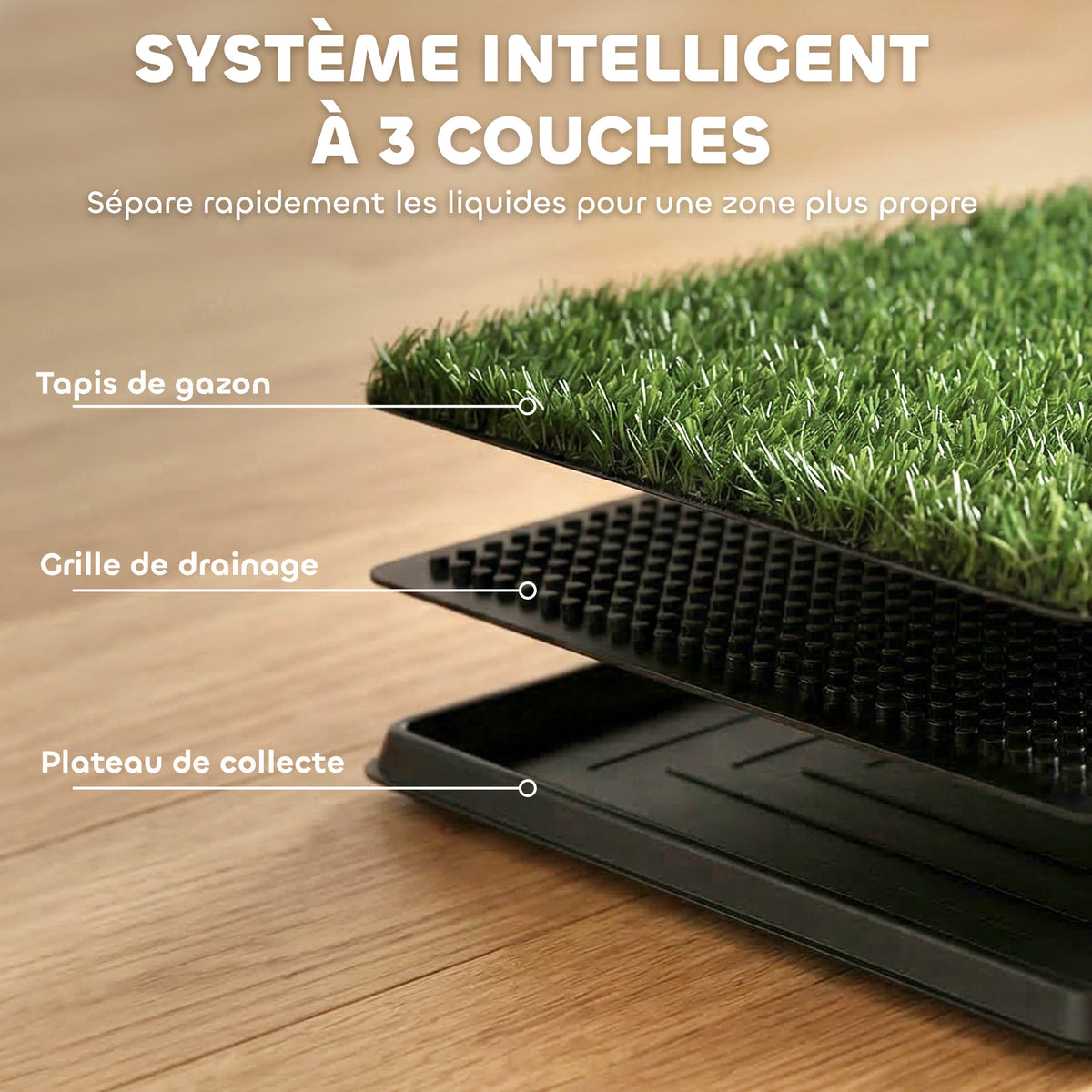 Toilette pour Chien avec 2 Tapis en Gazon Artificiel et Grille de Drainagec, Système Lavable, 63x50,5x3,5cm, Noir