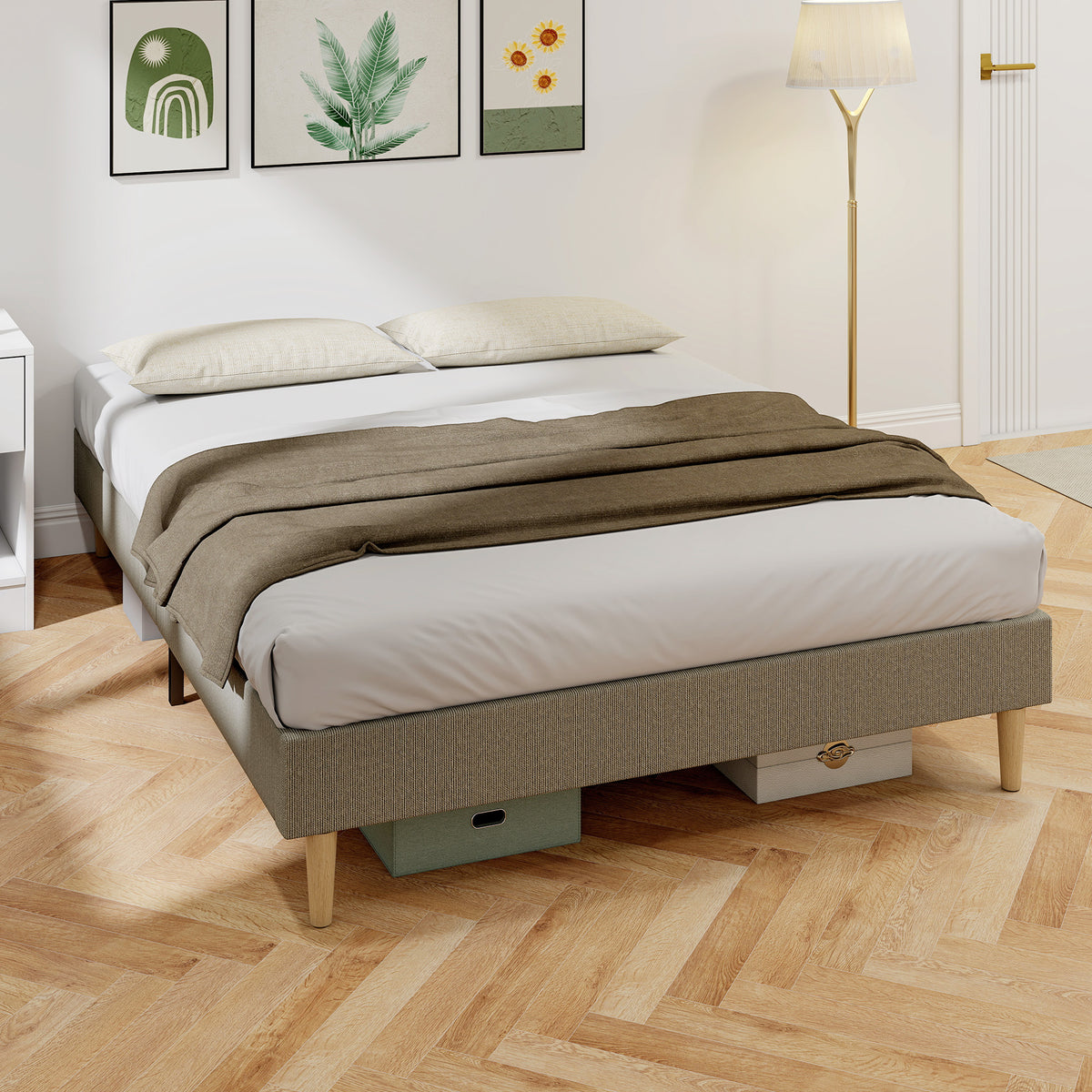 Cadre de lit 140 x 190 cm avec sommier à lattes en bois, lit double rembourré en velours côtelé, gris