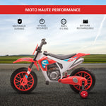 Moto Cross électrique Enfant 3 à 5 Ans 12 V 3-8 Km/h avec roulettes latérales Amovibles dim. 106,5L x 51,5l x 68H cm Rouge